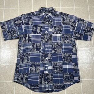VTG Nautica Blue Plaid Patchwork‎ Boat Blueprint Button Down Shirt Size Medium